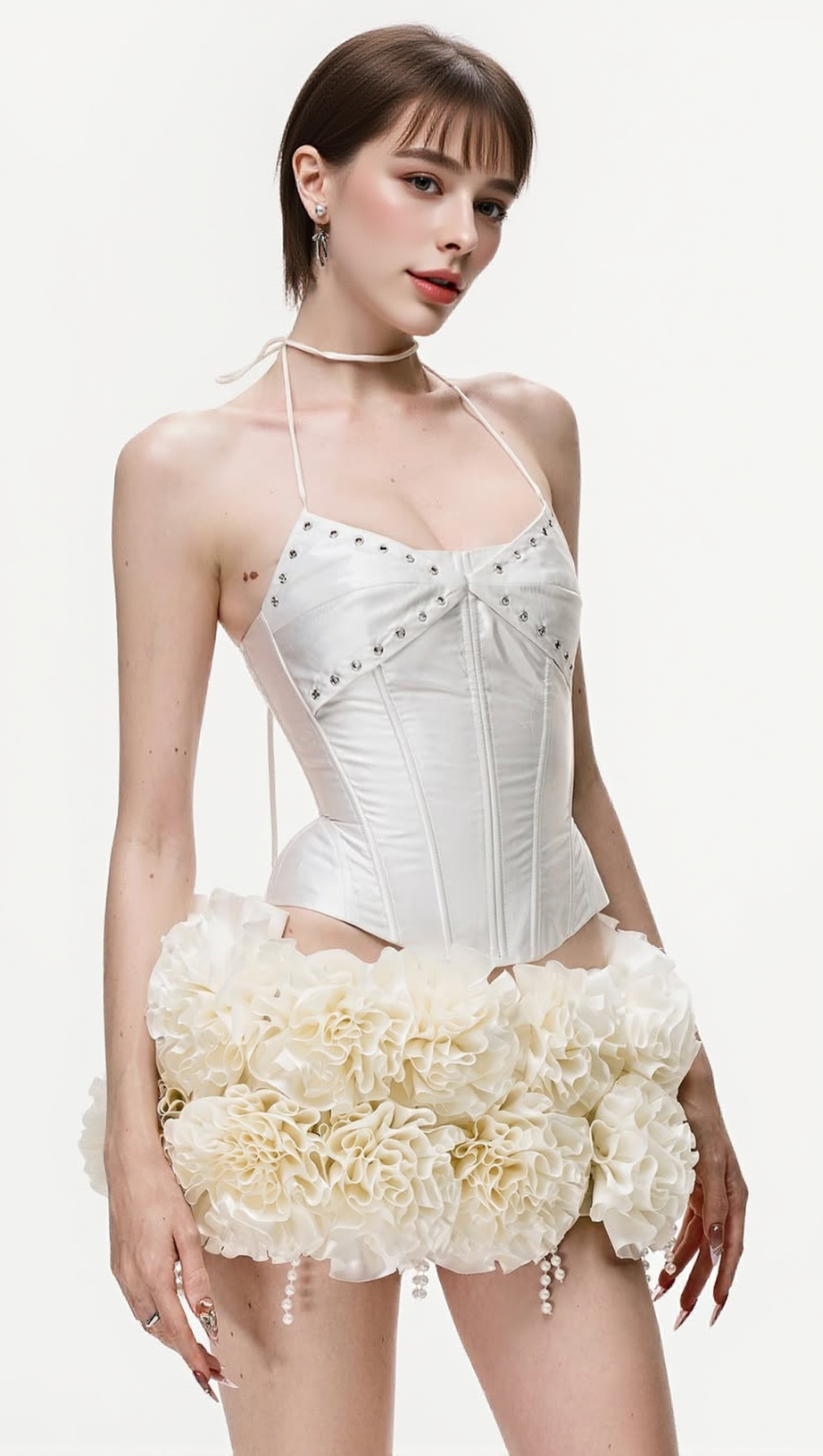 ORSOLYA FLORAL PEARL CORSET TWO PIECE SET IN IVORY