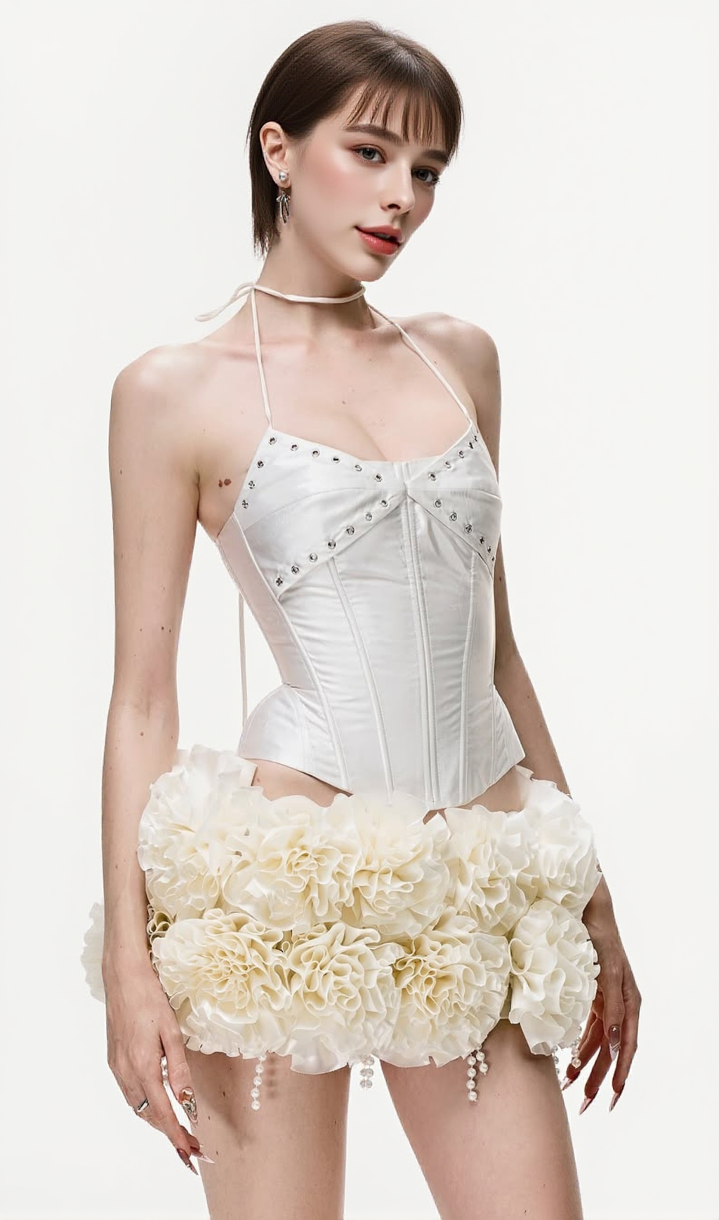 Orsolya Floral Pearl Corset Two Piece Set in Ivory