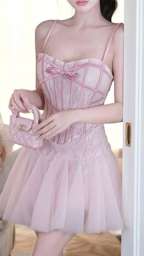 BOW TULLE CORSET MINI DRESS IN PINK