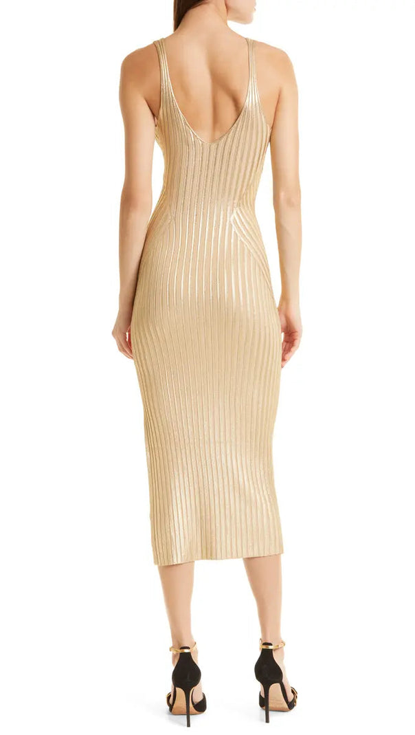 AIIZIE GERTI FOIL RIBBED BODY-CON MIDI DRESS IN GOLD - product image