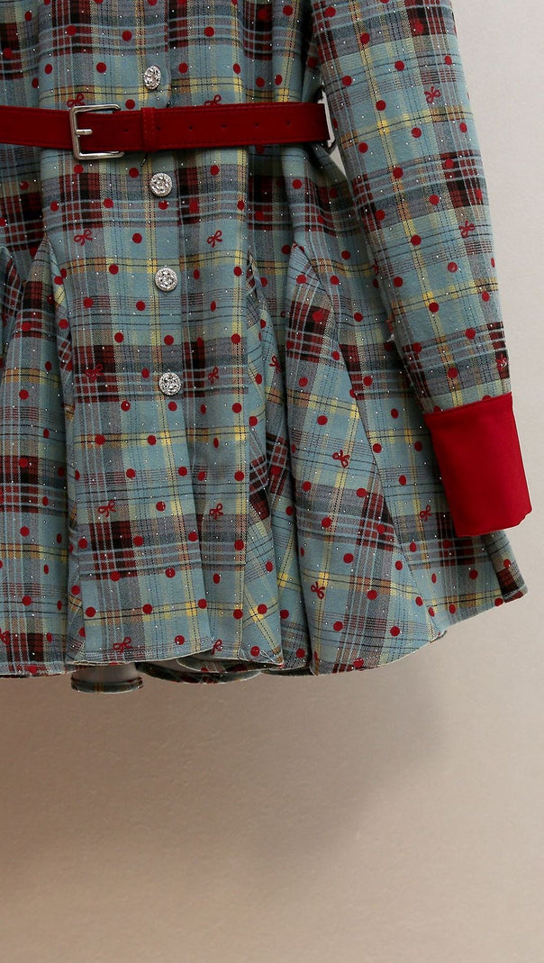 AIIZIE HUMLA PLAID BOW MINI DRESS WITH RED COLLAR & BELT - FESTIVE CHIC FOR WOMEN - product image