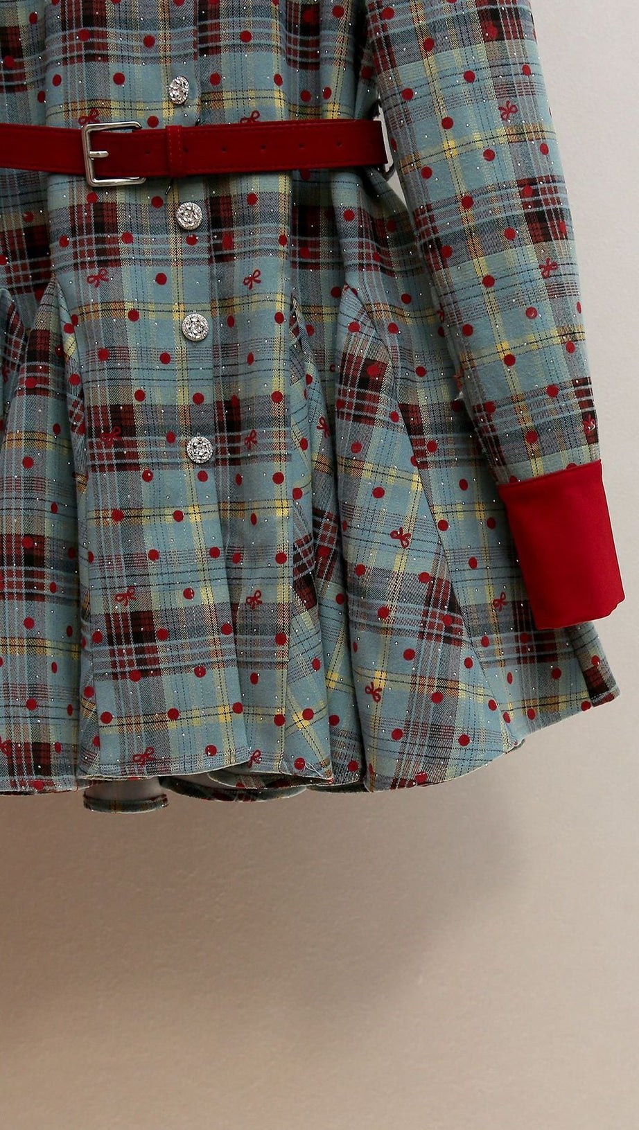 HUMLA PLAID BOW MINI DRESS WITH RED COLLAR & BELT - FESTIVE CHIC FOR WOMEN