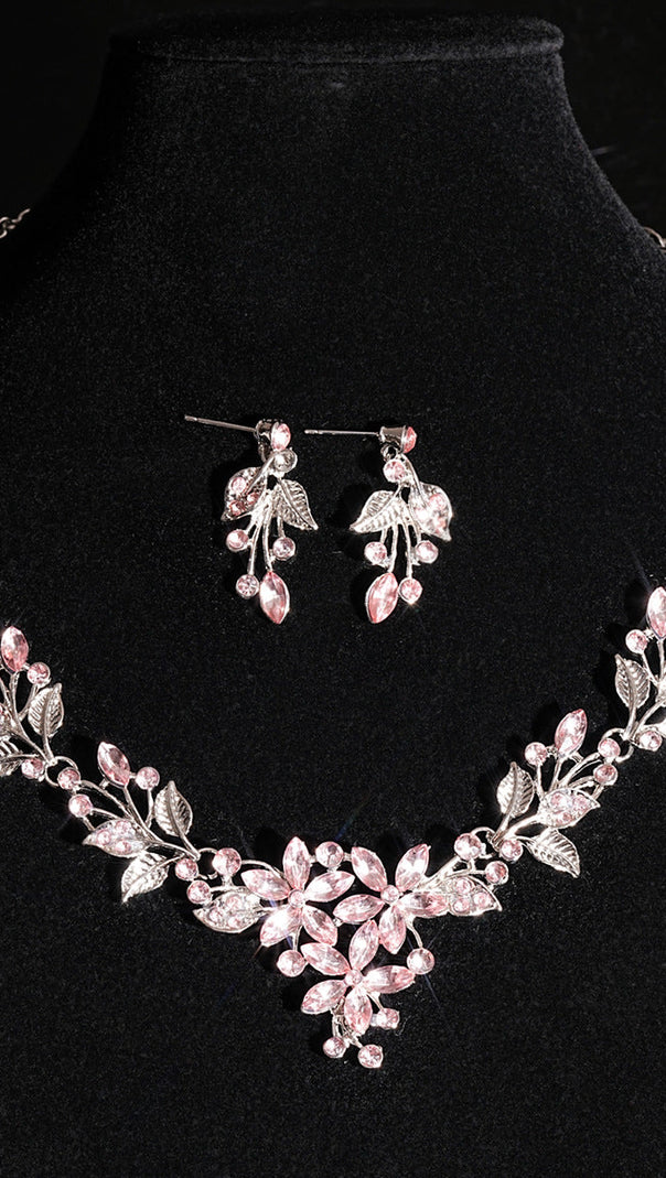 AIIZIE Juelz Sparkling Pink Crystal Flower & Leaf Necklace & Earrings Set - product image