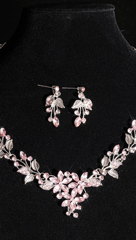 Juelz Sparkling Pink Crystal Flower & Leaf Necklace & Earrings Set