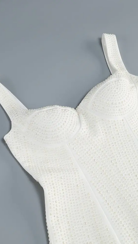 PEARL STUDDED WHITE MINI BODYCON DRESS