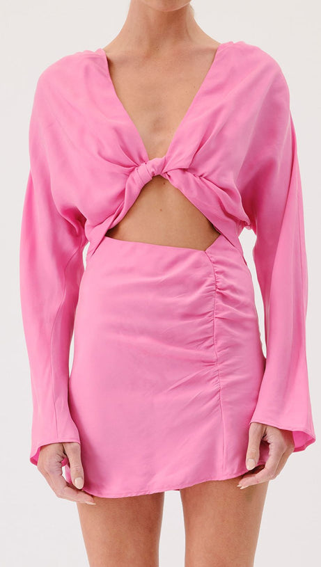 LONG SLEEVE TWIST FRONT MINI DRESS - PINK