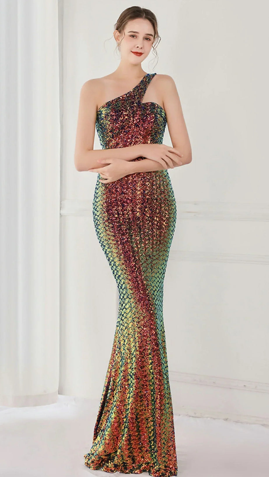 ABITO MONOSPALLA CON PIEGHE E PAILLETTES ANURA