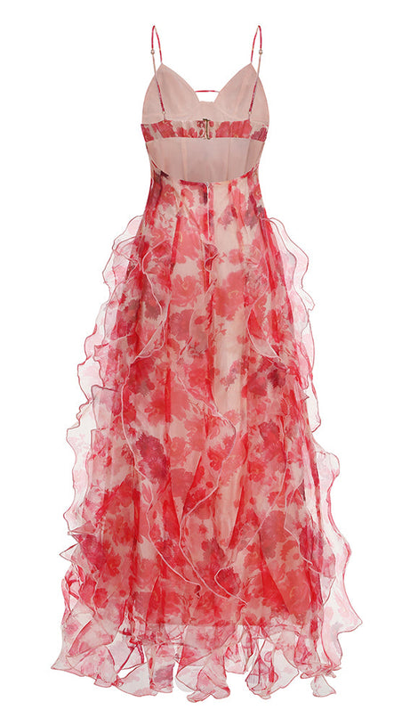 BELINDA RED FLORAL VERTICAL RUFFLE TRIM MAXI DRESS