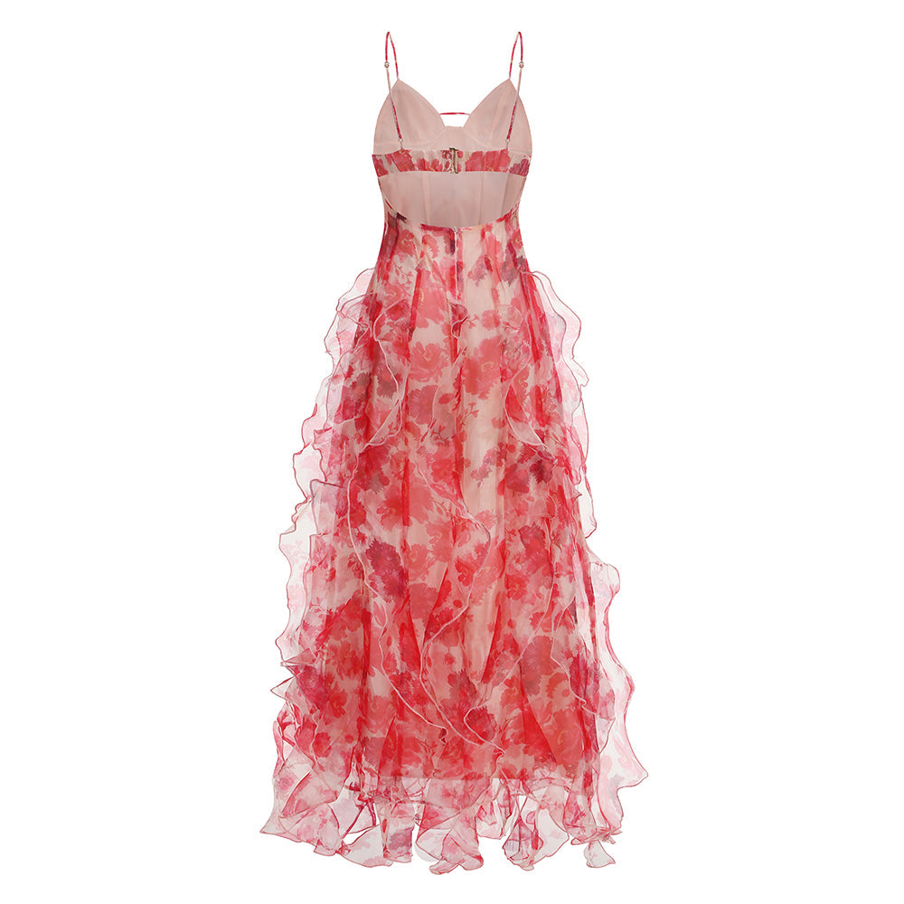 AIIZIE BELINDA RED FLORAL VERTICAL RUFFLE TRIM MAXI DRESS - product image