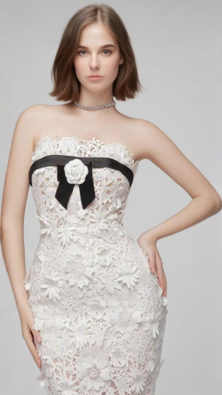 STRAPLESS FLOWER EMBROIDERY MAXI DRESS IN WHITE