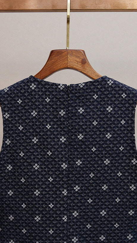 HASIKA NAVY GEOMETRIC SLEEVELESS MINI DRESS | UNIQUE WAVY PLEATED HEM