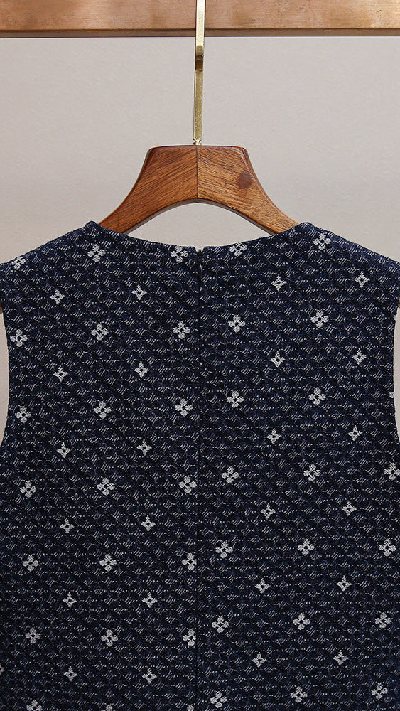 AIIZIE HASIKA NAVY GEOMETRIC SLEEVELESS MINI DRESS | UNIQUE WAVY PLEATED HEM - product image