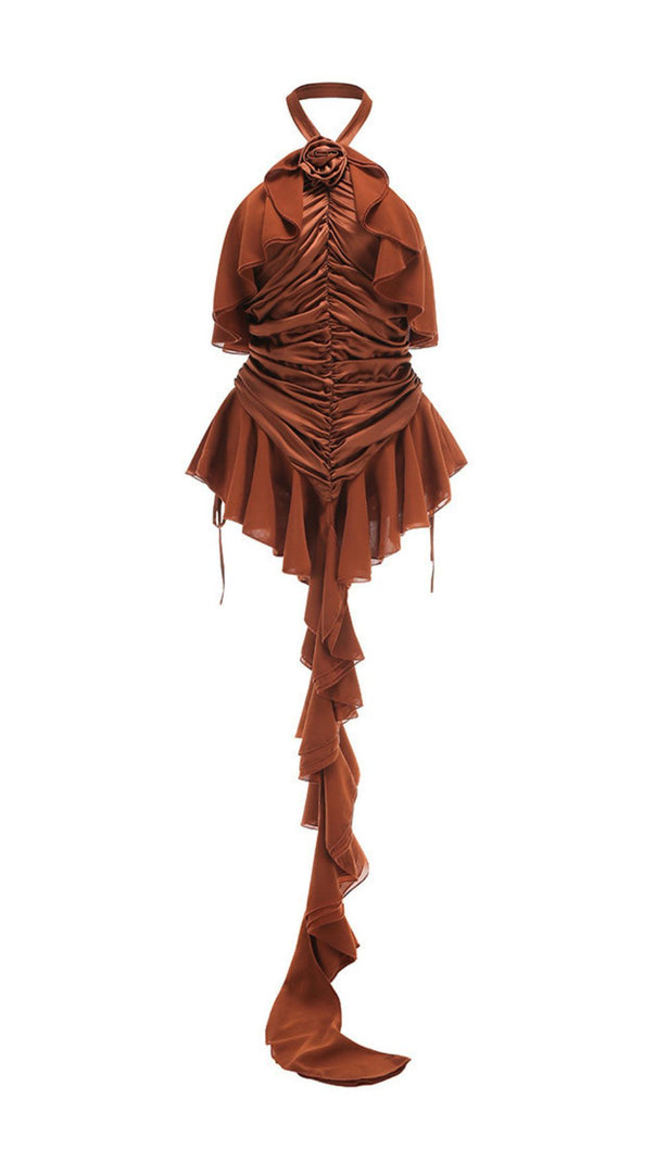 AIIZIE Jerom Opulent Brown Halter Ruched Mini Dress with Rosette Detail - product image