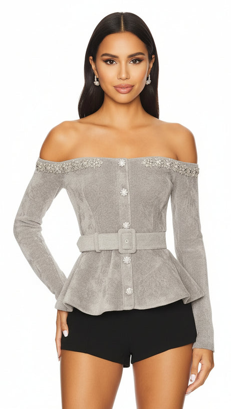 GLAMOROUS HARLEAN GREY DIAMANTE OFF-SHOULDER BELTED PEPLUM CARDIGAN