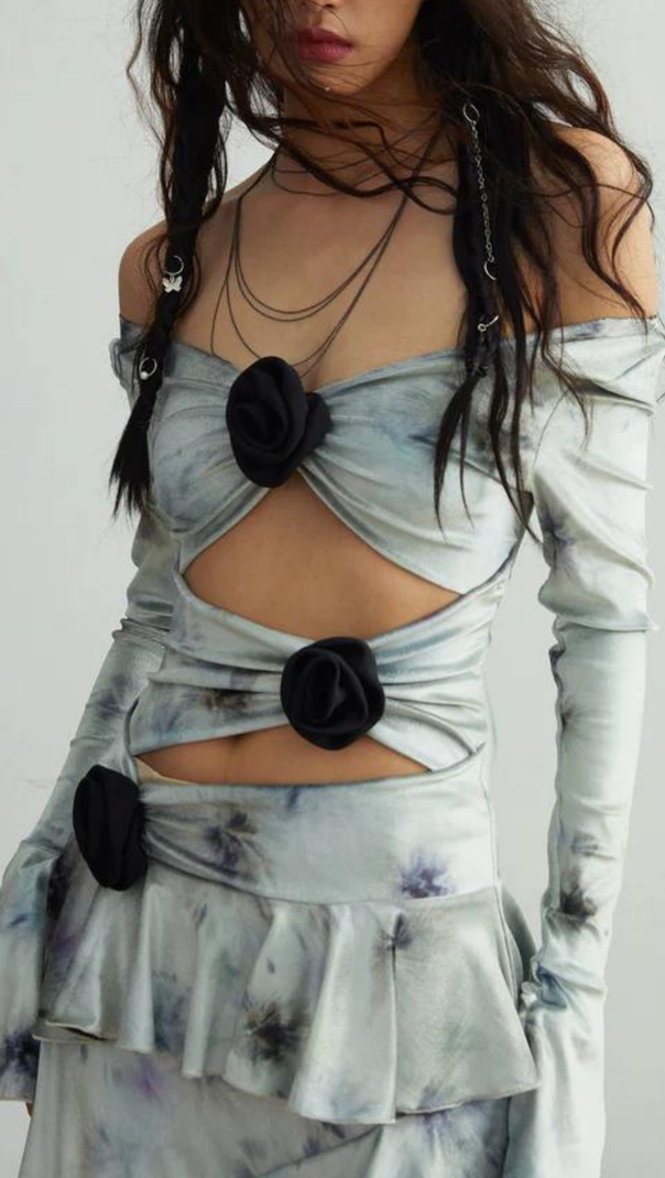 AIIZIE TIE DYE ASYMMETRIC FRINGE FLORAL MIDI DRESS - product image