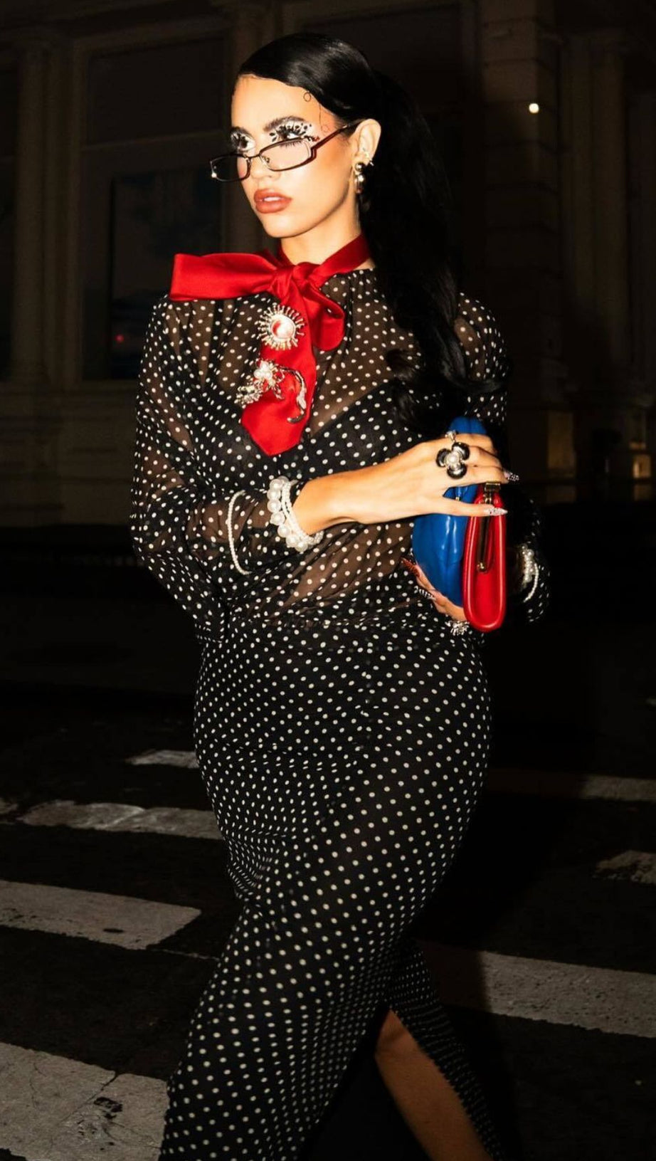 CHIC SHEER POLKA DOT LONG SLEEVE MAXI DRESS - BLACK