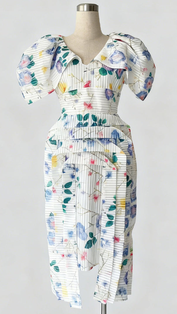 AIIZIE Janis Chic Floral Stripe Puff Sleeve Midi Dress - Romantic & Elegant - product image