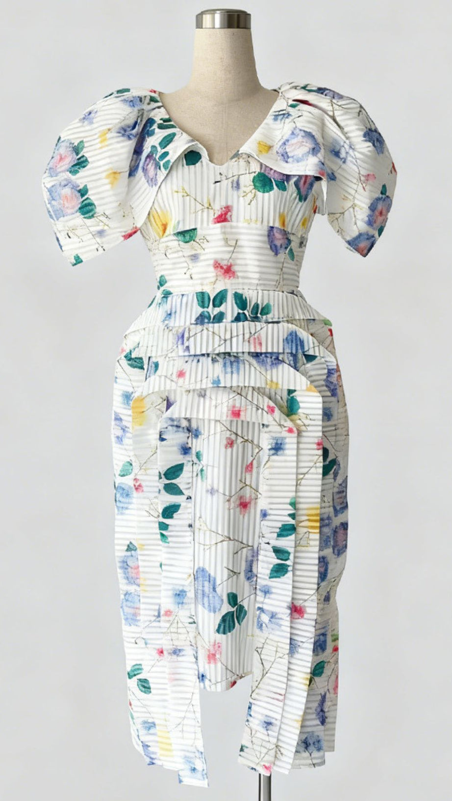 Janis Chic Floral Stripe Puff Sleeve Midi Dress - Romantic & Elegant