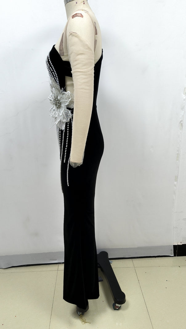 One-Shoulder Langarm Blumen Maxikleid schwarz 