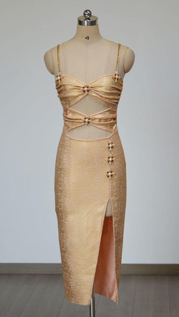 AIIZIE IVIE GOLD SHIMMER CUTOUT EMBELLISHED MIDI DRESS - GLAMOROUS PARTY & COCKTAIL - product image