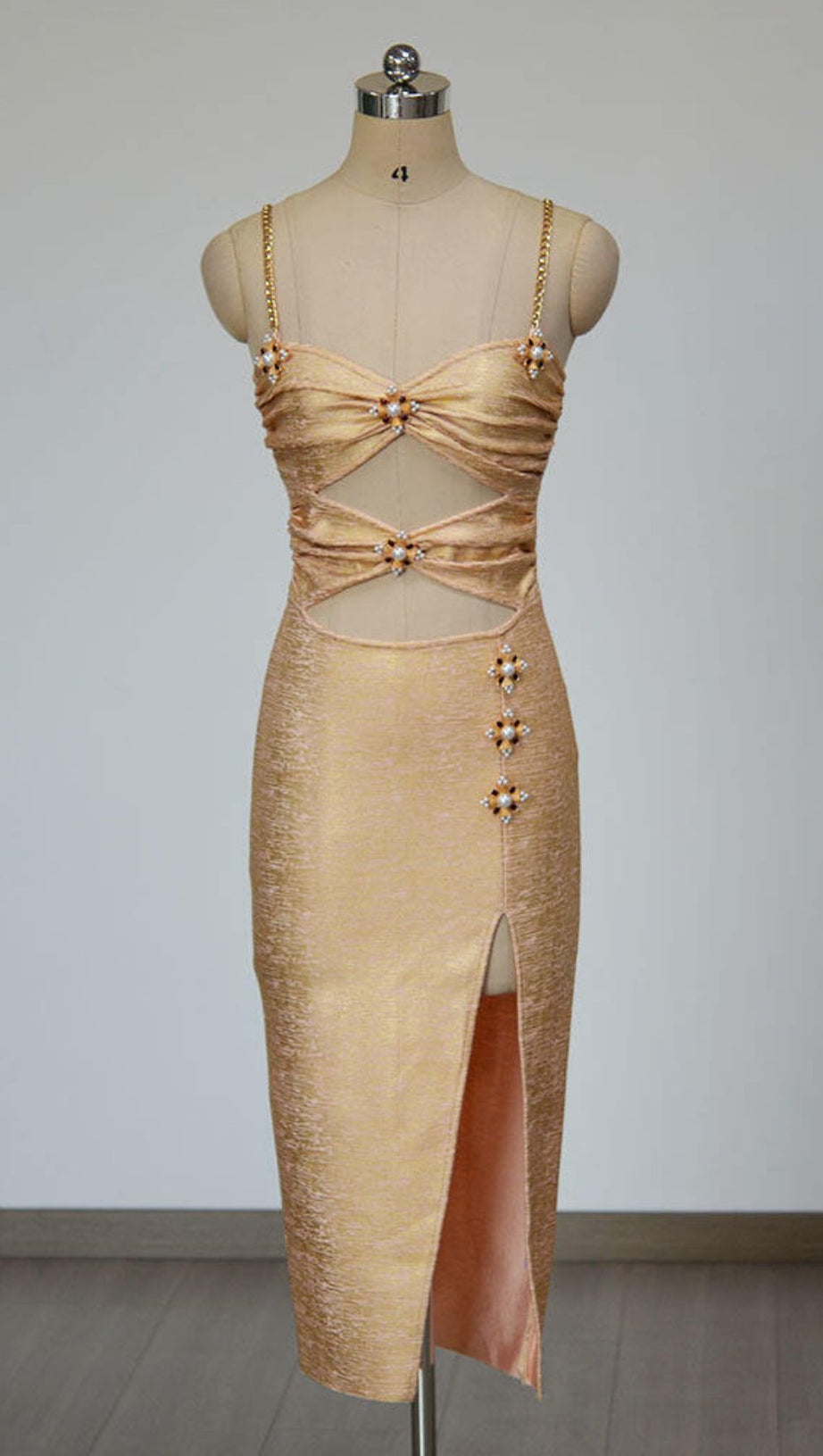 IVIE GOLD SHIMMER CUTOUT EMBELLISHED MIDI DRESS - GLAMOROUS PARTY & COCKTAIL