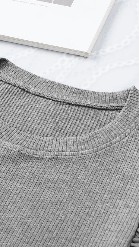 BLACK DOTTY MESH RUFFLE SLEEVE RIBBED KNIT TOP