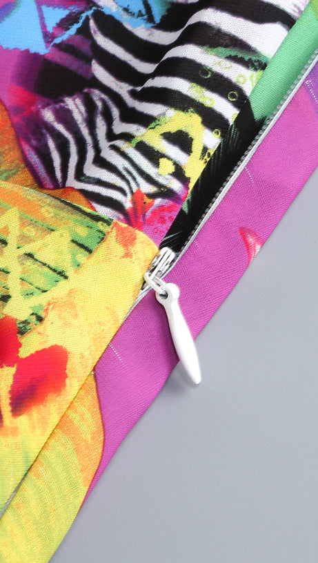 ONE SHOULDER RUFFLR TRIM PRINTED MAXI DRESS