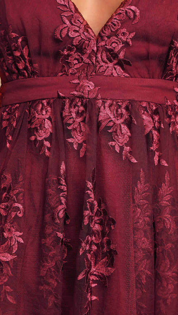 V NECK TULLE LACE SHORT BURGUNDY PROM DRESSES