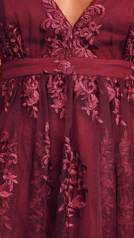 V NECK TULLE LACE SHORT BURGUNDY PROM DRESSES