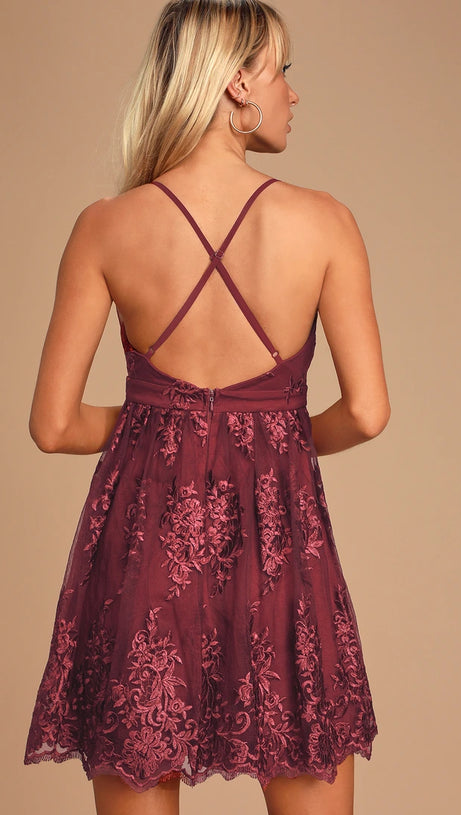 V NECK TULLE LACE SHORT BURGUNDY PROM DRESSES