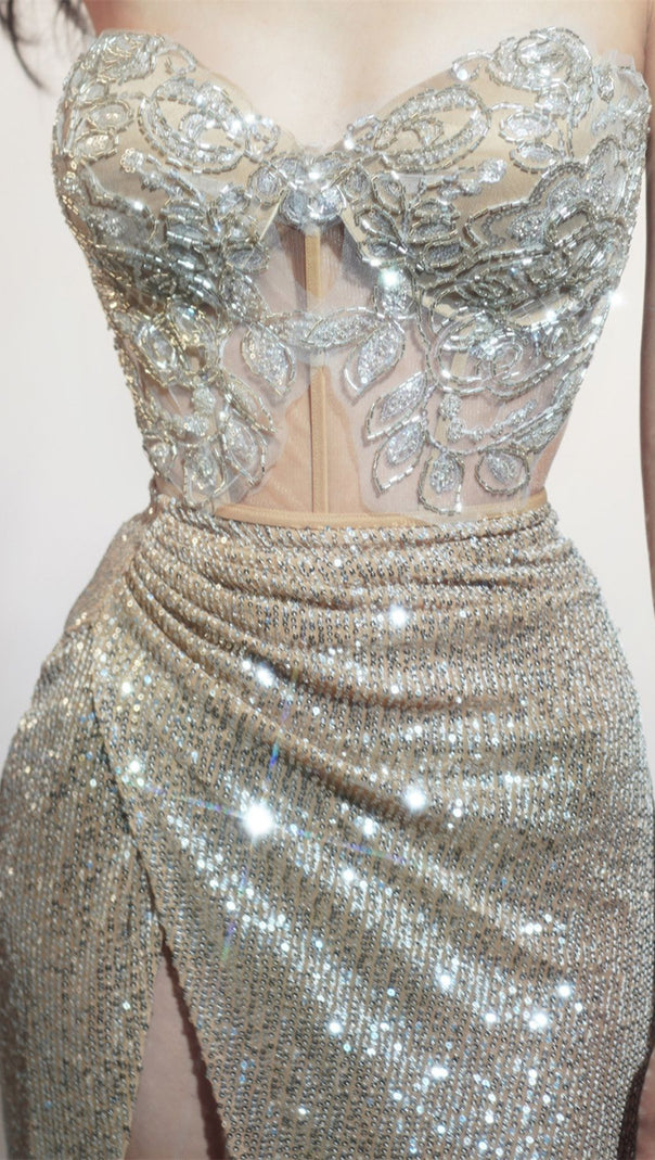 AIIZIE HAZAN DAZZLING SEQUIN CORSET & HIGH-SLIT MAXI SKIRT SET | GLAMOROUS TWO-PIECE ENSEMBLE - product image
