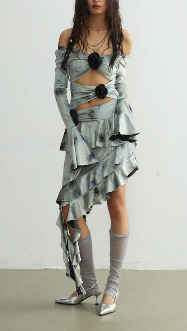 AIIZIE TIE DYE ASYMMETRIC FRINGE FLORAL MIDI DRESS - product image