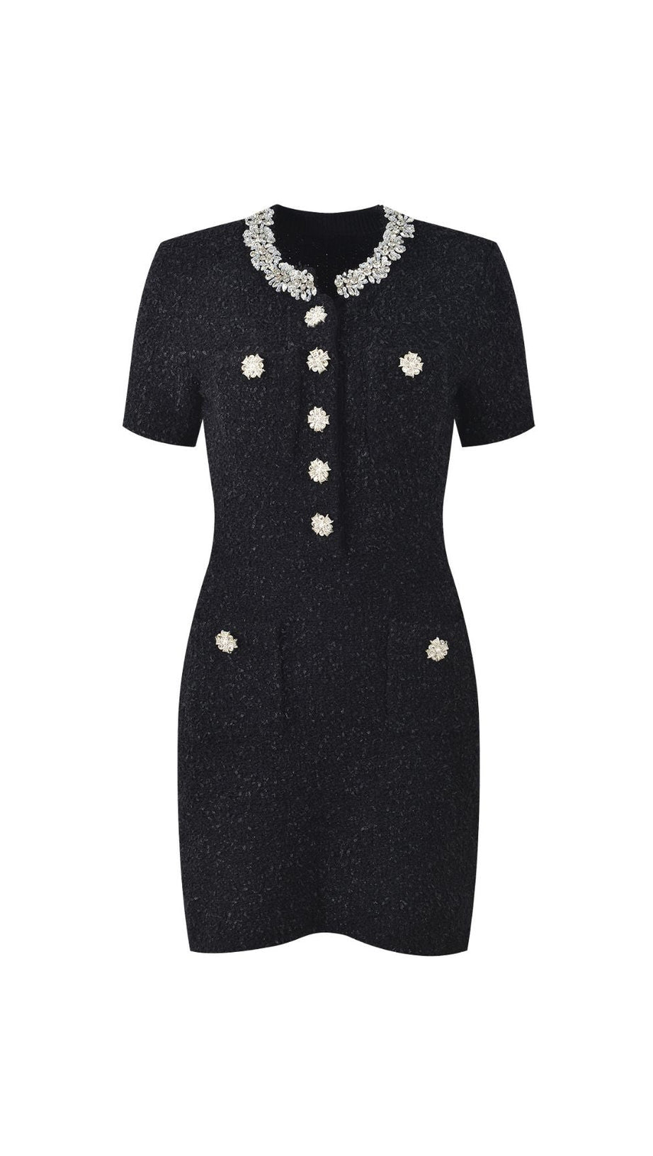 GLAMOROUS BLACK EMBELLISHED TWEED MINI DRESS | CRYSTAL COLLAR PARTY & COCKTAIL DRESS