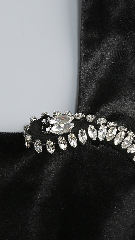 RHINESTONE EMBELLISHED FLOOR-LENGTH DRESS IN BLACK