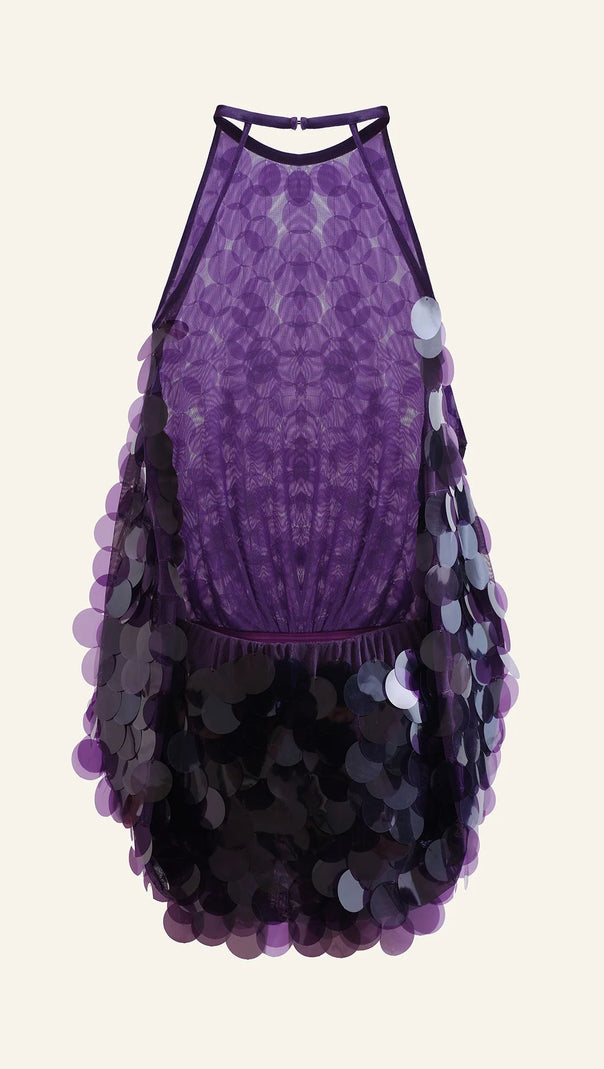 AIIZIE SHIRLEY SEQUIN HALTER BACKLESS MINI DRESS IN PURPLE - product image