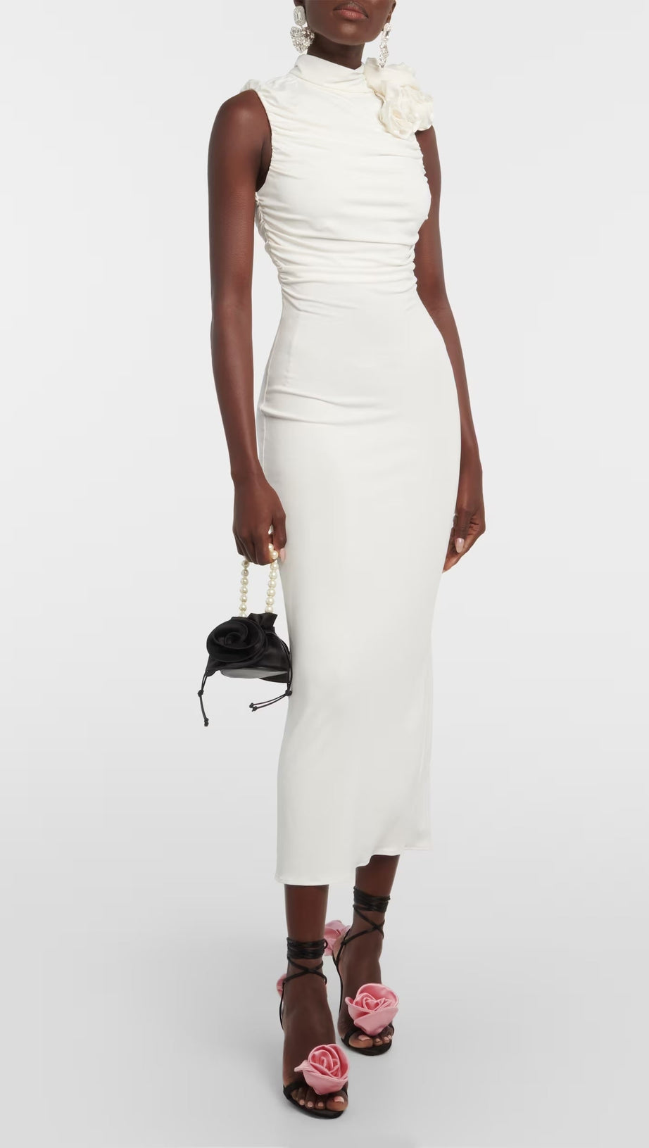 ADORA FLOWER EMBELLISHED RUCHED MIDI DRESS IN CREAM