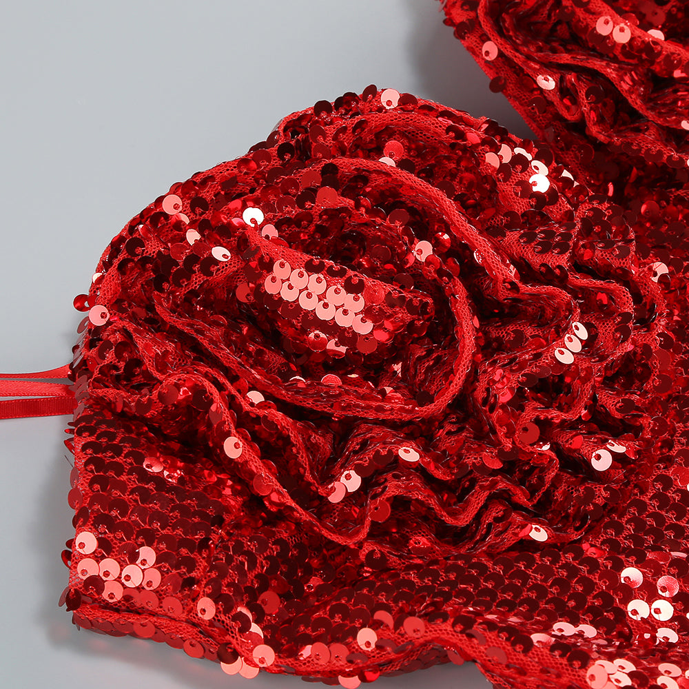 AIIZIE BERNICE DARK RED SEQUIN CORSAGE BANDEAU MINI DRESS - product image