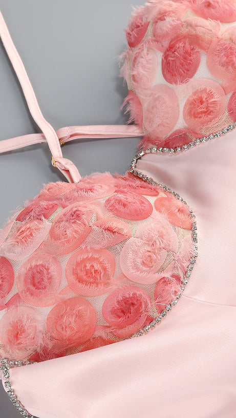 CRYSTAL EMBELLISHED TRIMS MINI DRESS IN PINK