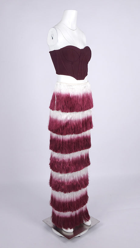 STRAPLESS TASSEL TWO PIECE MAXI DRESS BURGUNDY