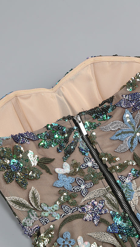 STRAPLESS DAHLIA SEQUINS EMBROIDERED MAXI DRESS GREEN