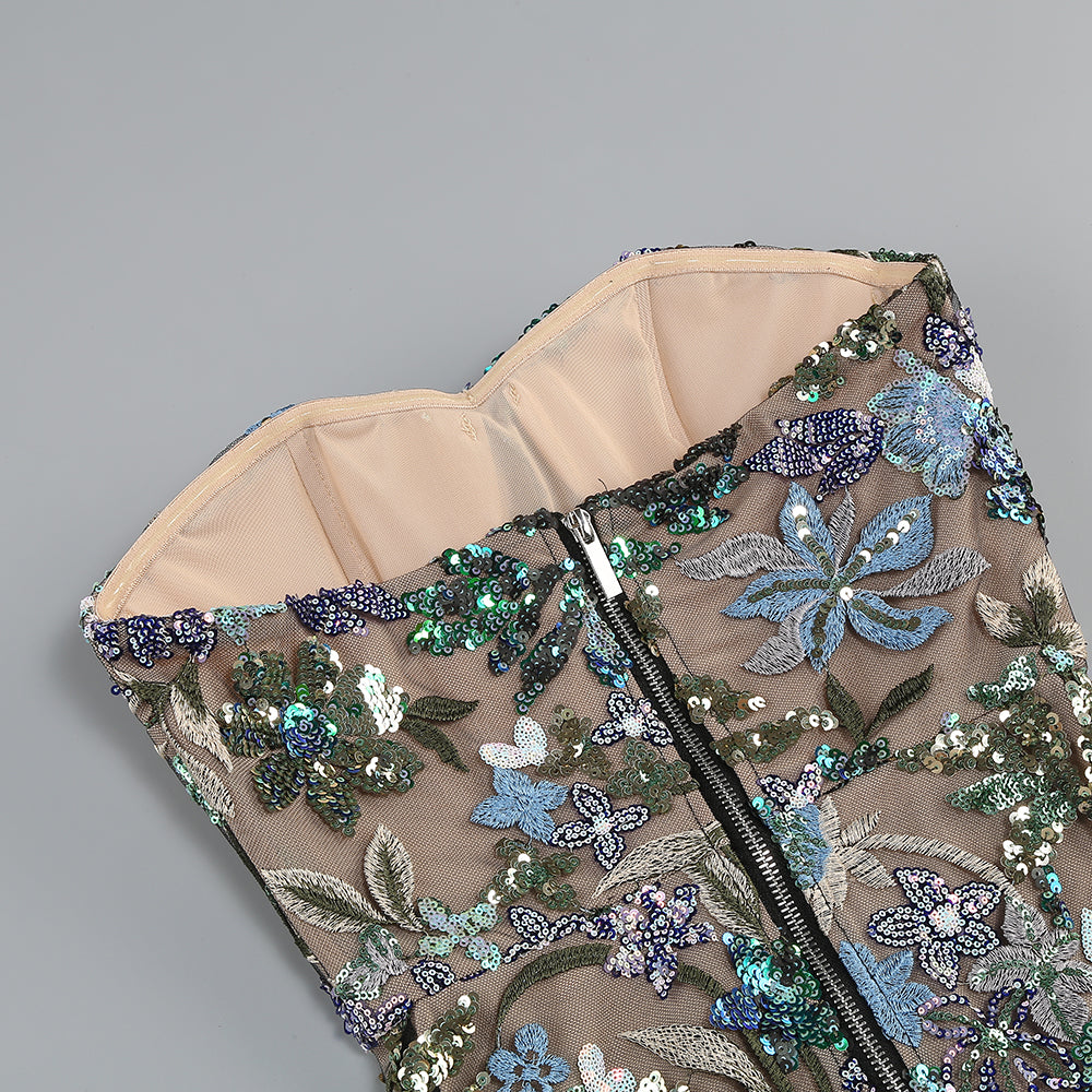 Trägerloses Maxikleid mit Paillettenstickerei Dahlia grün