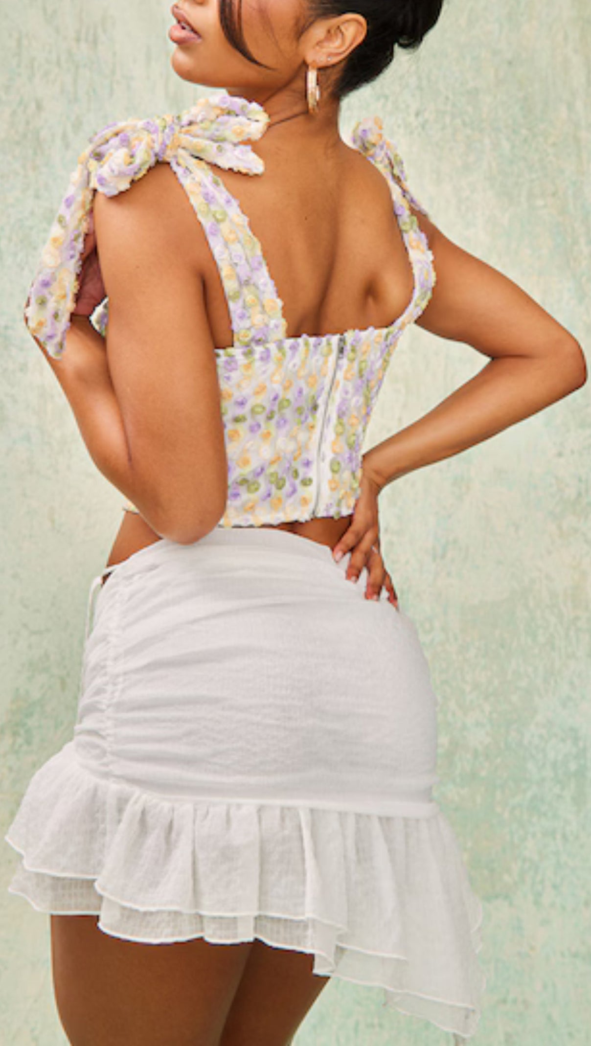 AIIZIE WHITE TEXTURED FLORAL BOW STRAP CROP TOP - product image