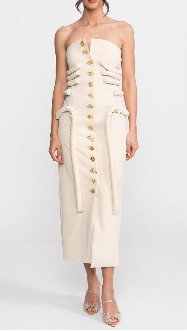 Strapless Midi Dress With Sculptural Knotted Bodice Detail And Jewel Buttons - Cream