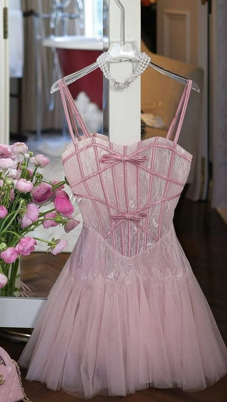 BOW TULLE CORSET MINI DRESS IN PINK