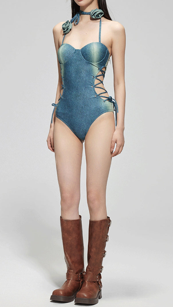 AIIZIE DODGER DENIM FLOWER ONE-PIECE SWIMSUIT - product image