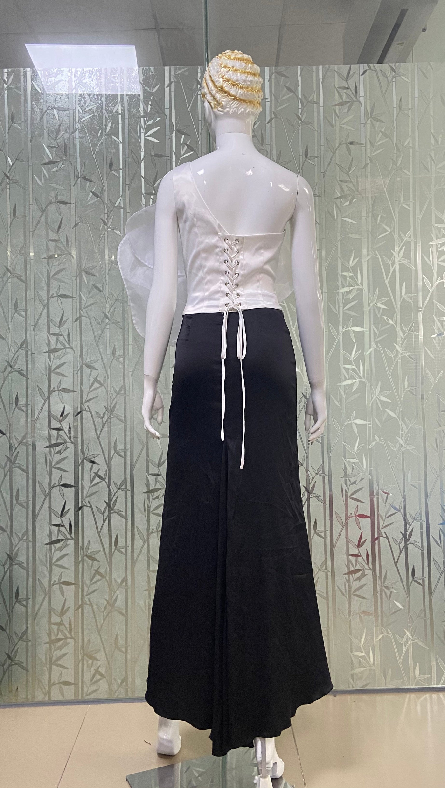 3D WHITE FLOWER ONE-SHOULDER MAXI DRESS IN BLACK