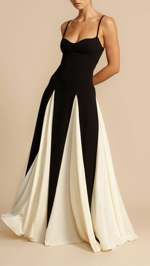 AIIZIE CLOTILDE CONTRAST COLOR SUSPENDER MAXI DRESS IN BLACK - product image