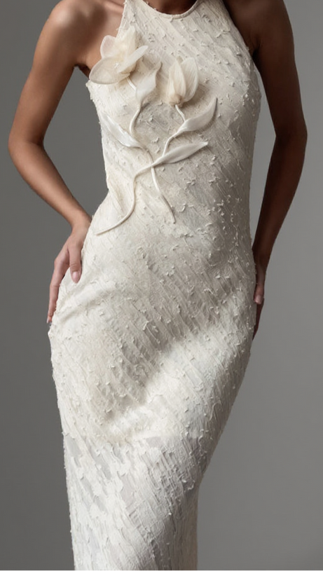 TRACY FLORAL APPLIQUE SLEEVELESS MIDI DRESS IN BEIGE