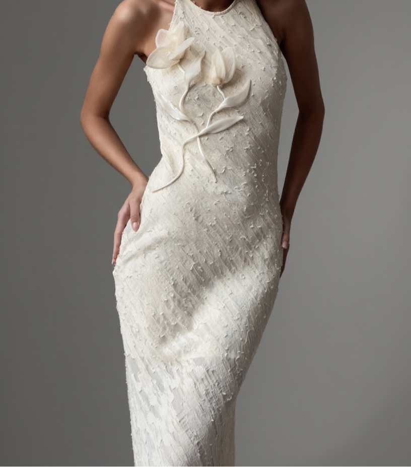 AIIZIE TRACY FLORAL APPLIQUE SLEEVELESS MIDI DRESS IN BEIGE - product image