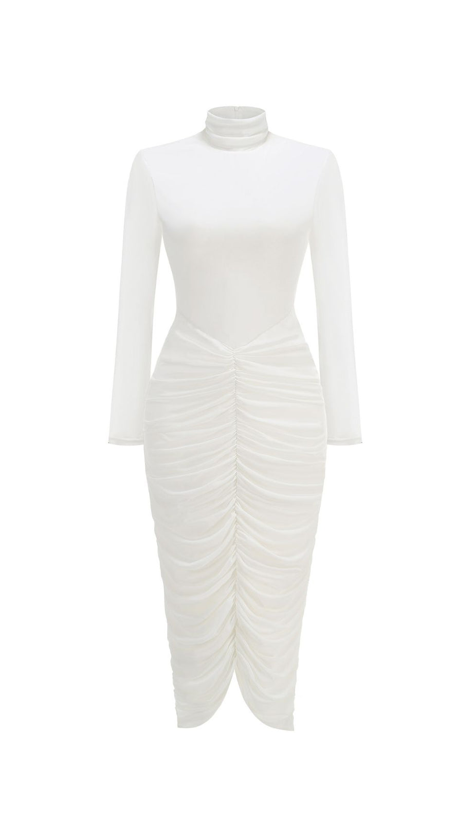 Jabbar Sculptural White Ruched Midi Dress | Elegant Long Sleeve Bodycon for Women